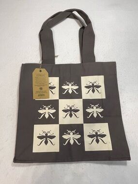 NWT Barnes & Noble Paper Source Bee Print Tote Bag Gray Large Organic Canvas